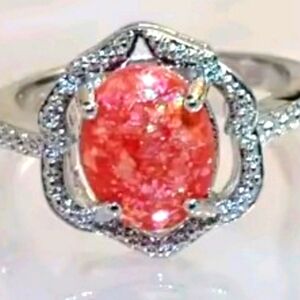Elegant 925 Sterling Silver and Pink Gemstone Ring Sz 9